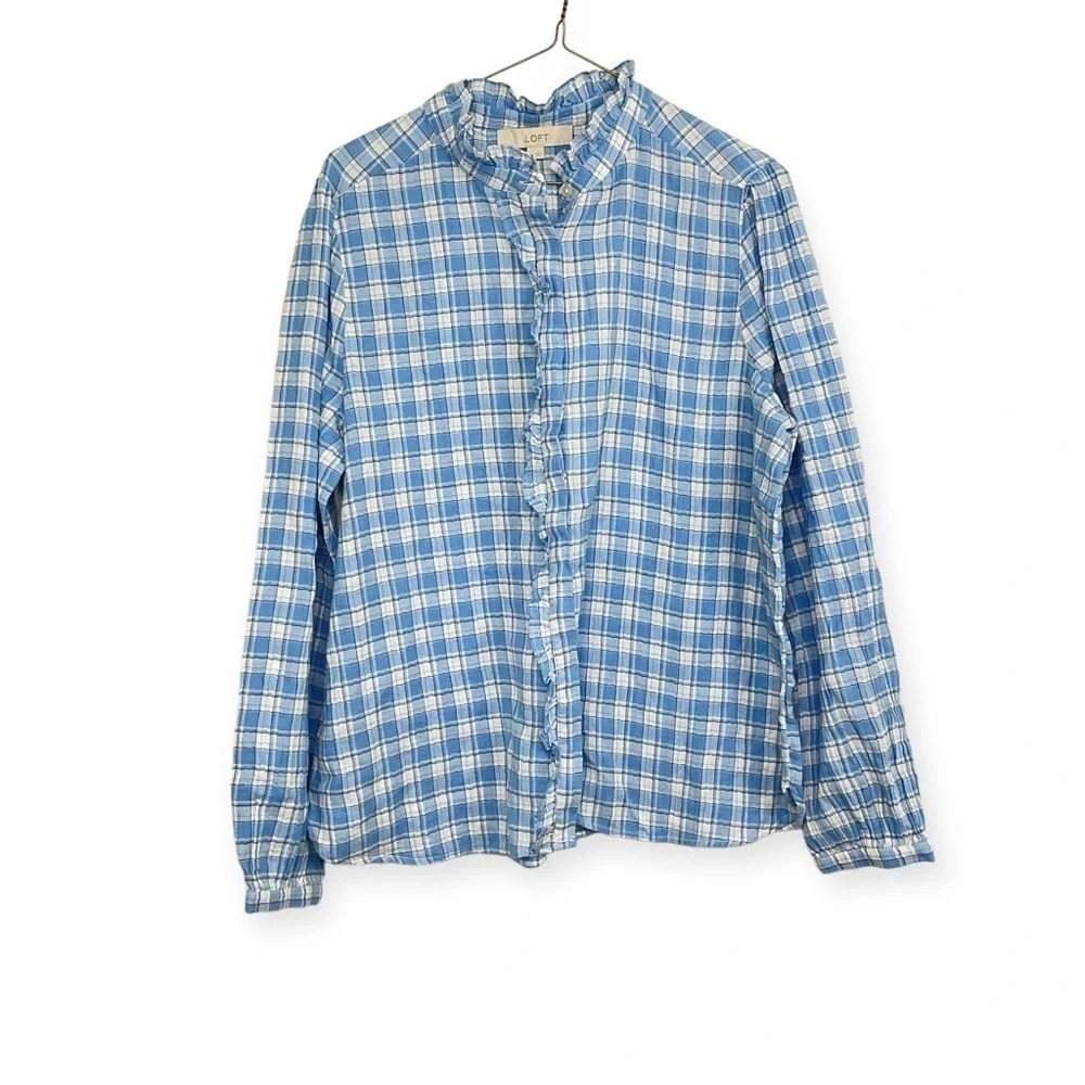 Loft Blue Plaid Ruffle Neck Button Front Shirt Size Large